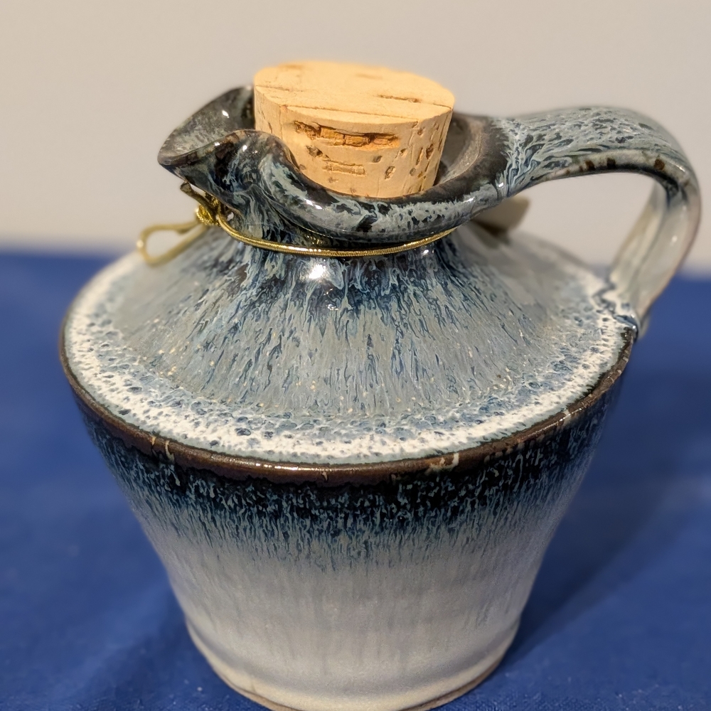 Handcrafted Songbird Maple Syrup Ceramic Jug with Cork Stopper - Blue and White